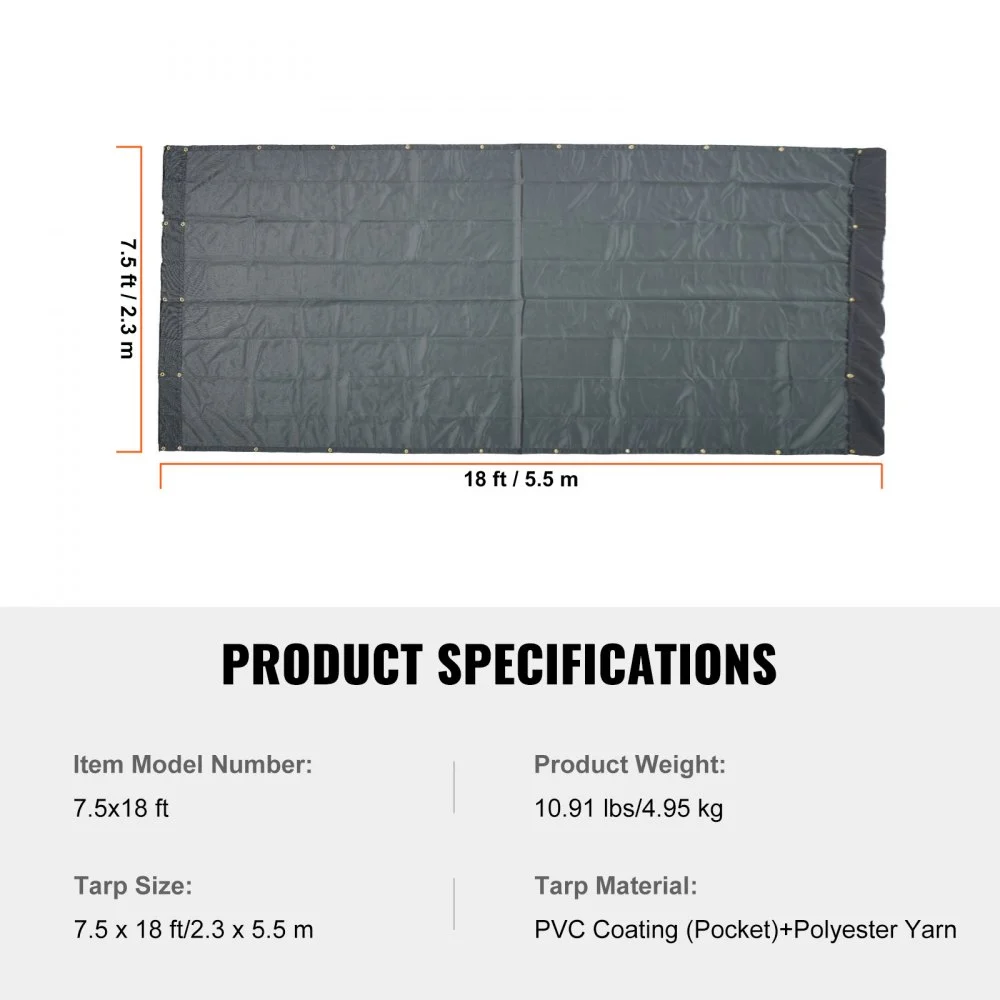 VEVOR Dump Truck Mesh Tarp, 7.5x18 ft, PVC Coated Black Heavy Duty Cover with 5.5" 18oz Double Pocket, Brass Grommets, Reinforced Double Needle Stitch Webbing Fits Manual or Electric Dump Truck System