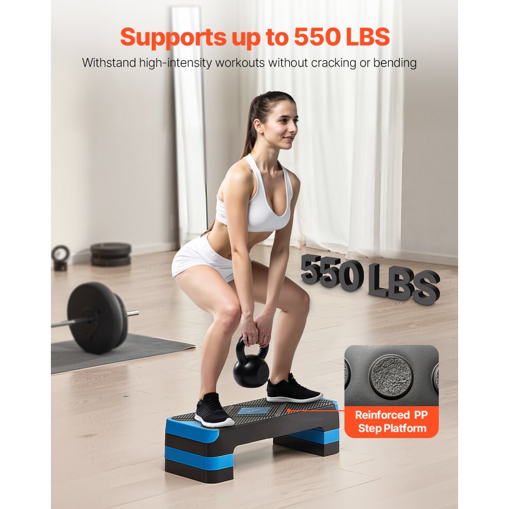 VEVOR Aerobic Exercise Step Platform, 28-tommers Workout Aerobic Stepper, Høydejusterbar Fitness Training Step Deck Trainer med 4 Risers, Sklisikker Benk for Home Gym Cardio Strength, Blå