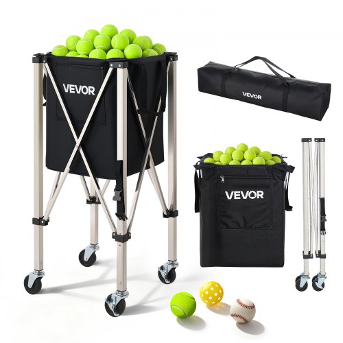 VEVOR Tennisballbeholder, rommer 200 tennisballer, sammenleggbar pickleball-kurv med hjul for enkel løfting, bærbar pickleball-kurv i rustfritt stål med oppbevaringspose, for trening og undervisning