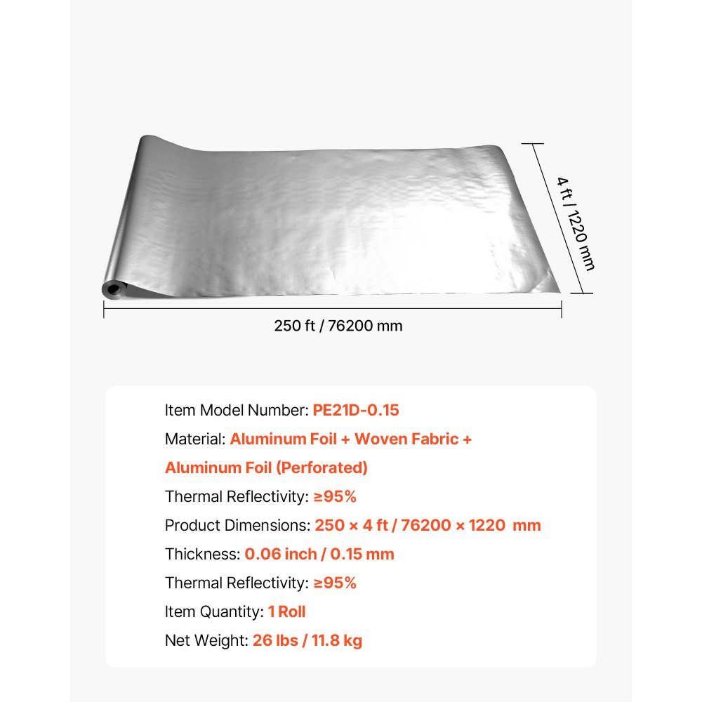 VEVOR Dobbel Reflekterende Isolasjonsrull, Perforert Vevd Stoff Strålende Barriere, 0,15 mm 76,2 m x 1,22 m, Dobbeltsidig Aluminiumfolie Varmereflekterende Skjold, Termisk Isolasjonsrull for Vindustak på Boblebad