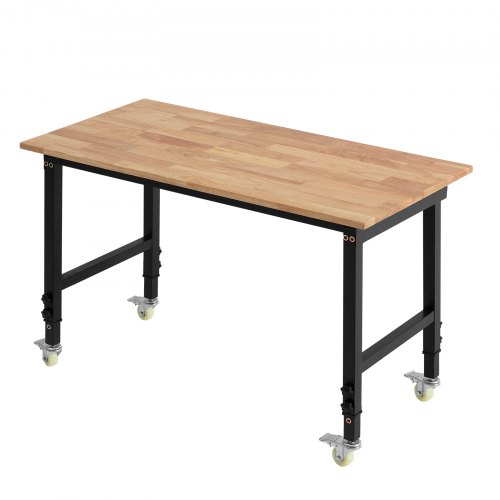 VEVOR justerbar arbeidsbenk på hjul, 680 kg kapasitet, 122 x 60 cm arbeidsbenk i eik med 72,5-107,5 høydejustering, kraftig arbeidsbord i hardtre for garasje, verksted, hjem, kontor