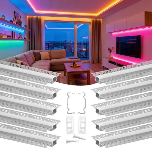 VEVOR LED-aluminiumskanal for gips, 10-pakning 2 m, innfelt LED-stripe for gips uten kant, med melkefarget deksel, endestykker og monteringsklips, aluminiumsprofil, for vegg og tak