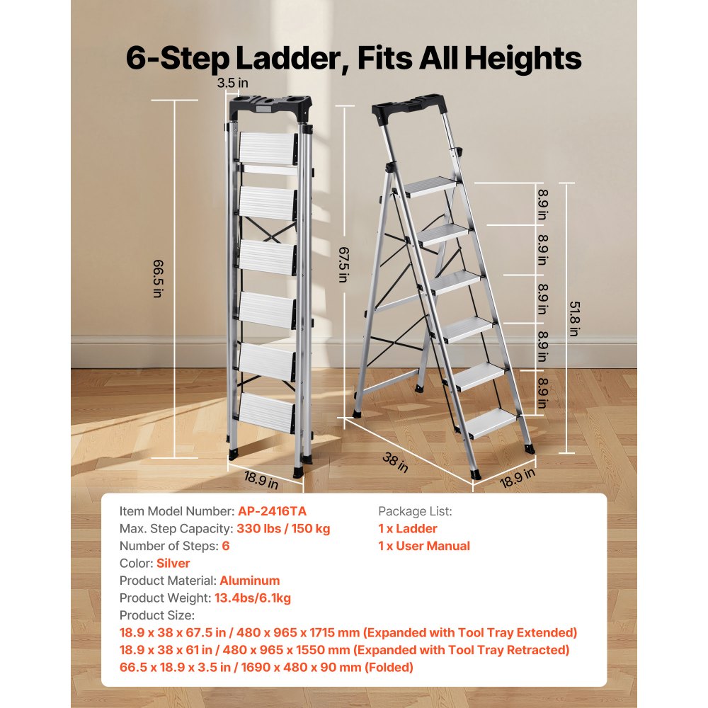 VEVOR 6 Step Ladder, Folding Step Stool with Wide Anti-Slip Pedal and Comfort Handgrip, 150 kg Capacity Portable Aluminum Stepladder, Multi-Use for Kitchen, Warehouse, Household and Office, Silver