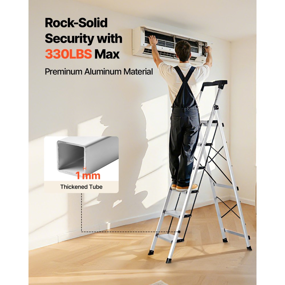 VEVOR 6 Step Ladder, Folding Step Stool with Wide Anti-Slip Pedal and Comfort Handgrip, 150 kg Capacity Portable Aluminum Stepladder, Multi-Use for Kitchen, Warehouse, Household and Office, Silver
