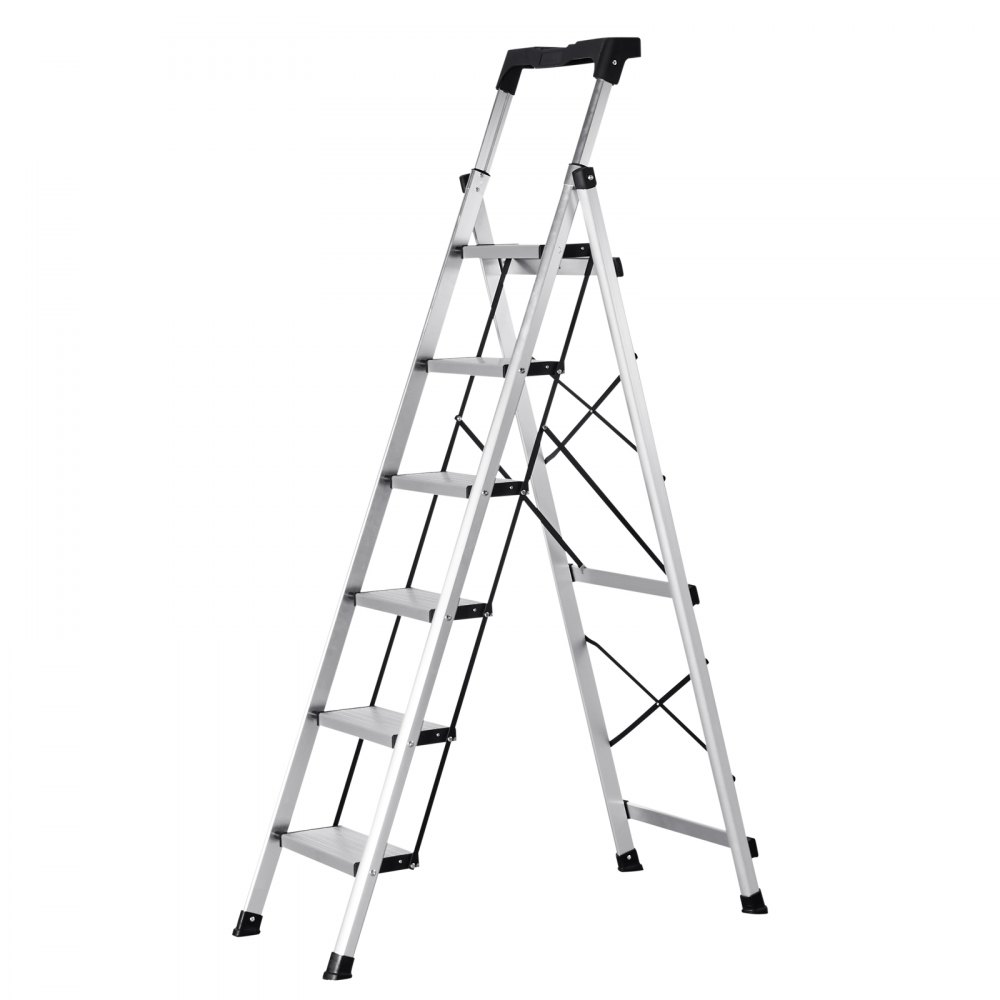 VEVOR 6 Step Ladder, Folding Step Stool with Wide Anti-Slip Pedal and Comfort Handgrip, 150 kg Capacity Portable Aluminum Stepladder, Multi-Use for Kitchen, Warehouse, Household and Office, Silver