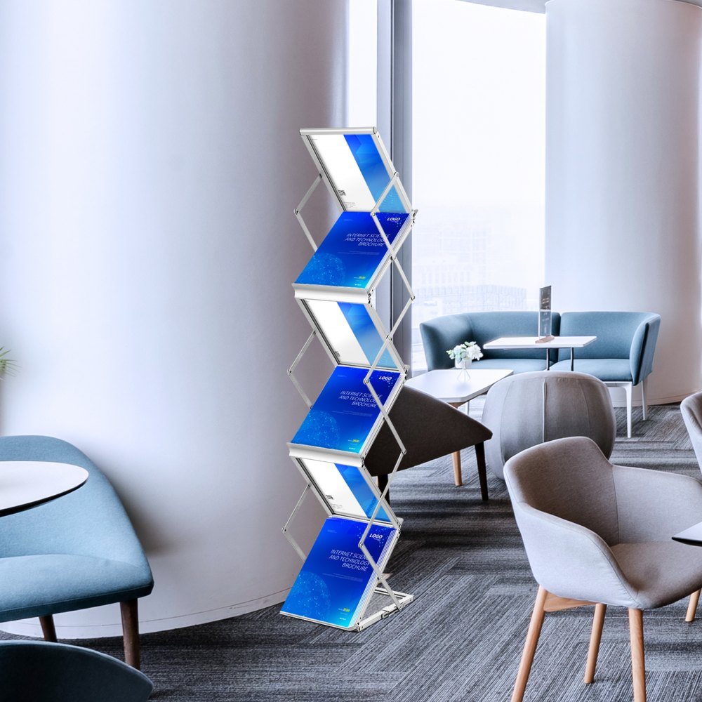 VEVOR litteraturstativ, 6 lommer, pop-up magasinstativ i aluminium, lett katalogholder, stativ med bæreveske for stue, hotell, messe, utstilling, kontor