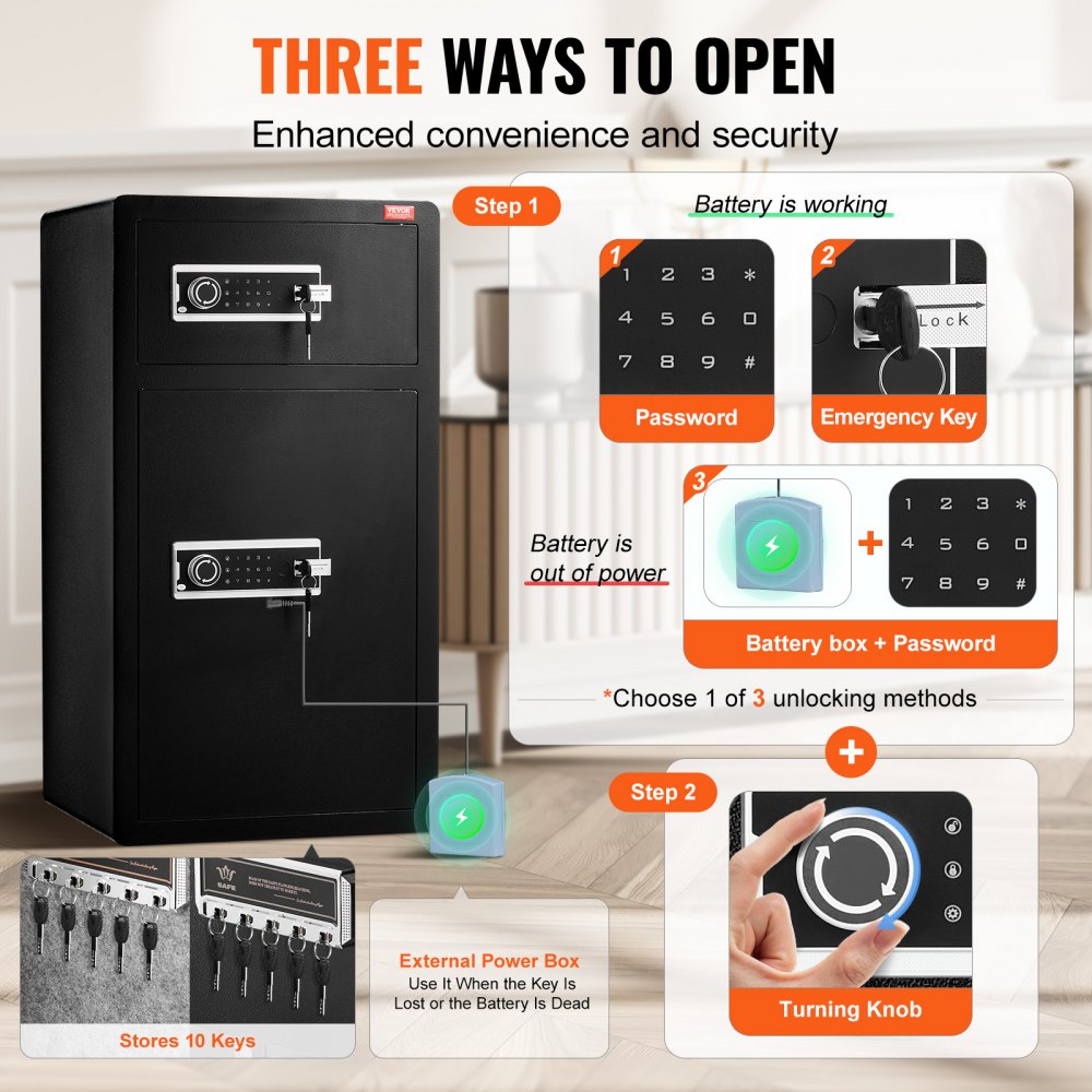 VEVOR Double Doors 7.2 cu.ft Safe Box with Key Lock & Password, Safe Lock Box with Fireproof Bag, Key Rack, LED Light and 2 Height Adjustable and Removable Divider for Money, Documents, Jewelry and Valuables, Black