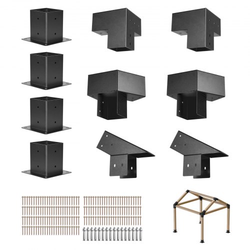 VEVOR Pergola-sett, 4x4 tommers pergolabrakett med spisstak for 92 x 92 mm tømmer i faktisk størrelse, 3-veis/4-veis paviljongbrakett med stolpebaser og mønebraketter for utendørs pergolaer, paviljongskur, 14 deler