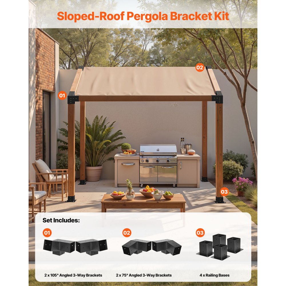 VEVOR Pergola-sett, 4x4 tommers 3-veis skrå brakett for 92 x 92 mm trebjelker i faktisk størrelse, pergolabrakett i karbonstål med skruer og stolpebaser, for utendørs trepergolaer, lysthus, skur, 8 stk.