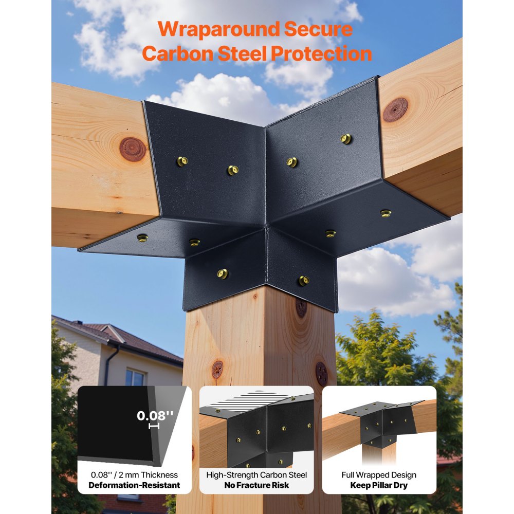 VEVOR Pergola-sett, 4x4 tommers 3-veis skrå brakett for 92 x 92 mm trebjelker i faktisk størrelse, pergolabrakett i karbonstål med skruer og stolpebaser, for utendørs trepergolaer, lysthus, skur, 8 stk.