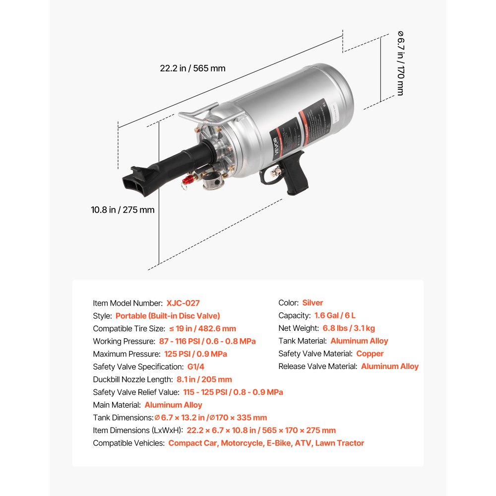 VEVOR bærbar dekkperleblåser, 1,6 gallon / 6 l luftperleblåser, håndholdt dekkpumpeverktøy, 87–116 psi driftstrykk, triggermontert setepumpe for bil, kompakt SUV, lett lastebil, elsykkel, bobil, ATV