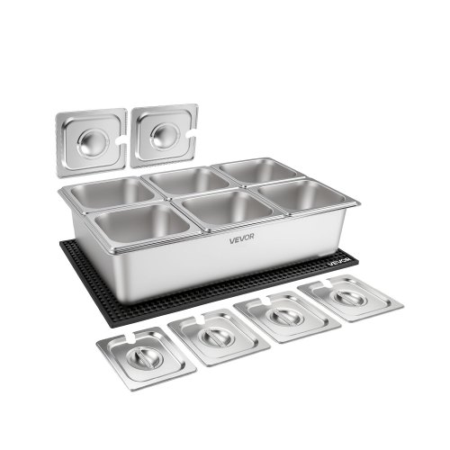 VEVOR Benkeplate for matservering, rustfritt stål salatbrett, buffetdispenser for krydder, iskjølt rist med separat lokk, for restaurant, hotell, fest (6x1/6 panne)