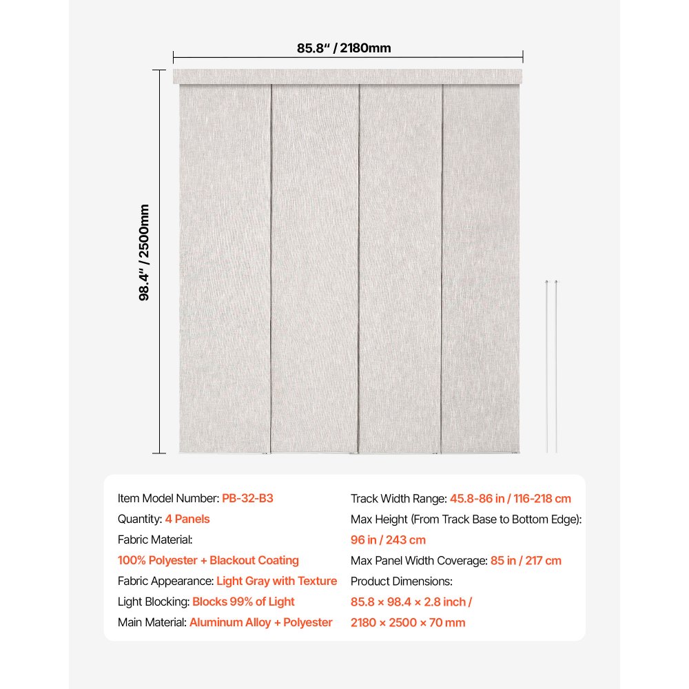 VEVOR Panel Track Blinds, Extendable Track from 116 cm to 218 cm W, Trimmable Panel Curtains Up to 243cm H, Vertical Blackout Panel Blinds for Sliding Doors, Patio Doors, Room Divider, Light Gray
