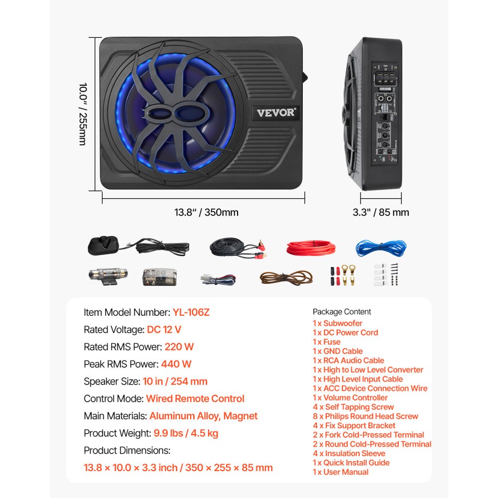VEVOR 10" 440W subwoofer for undersetet, tynne, aktive subwoofere for bil med blått omgivelseslys, lavprofilsubwoofer under setet med innebygd forsterker, fjernkontroll for SUV-er, bil, lastebil, bobil