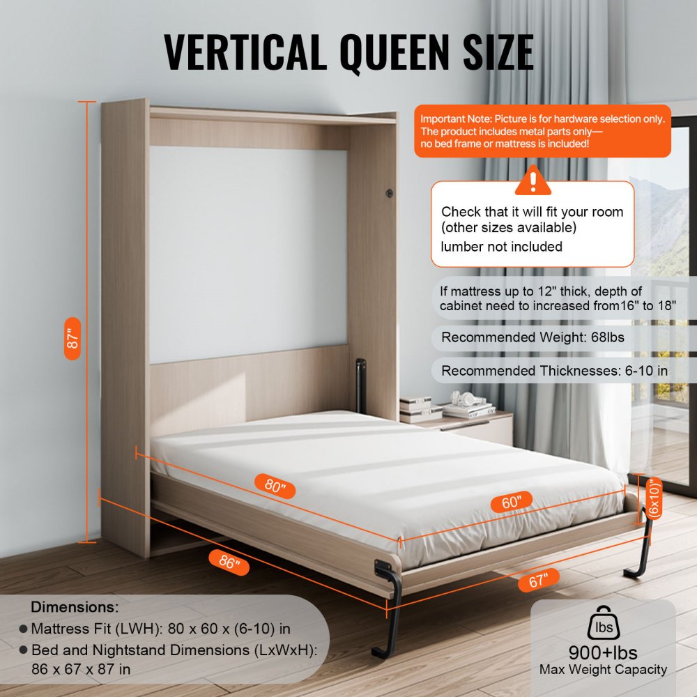 VEVOR Murphy-sengsett, queen-size, vertikal deluxe DIY-veggseng mekanisk maskinvaresett, pneumatisk spak kraftig sengerammestøtte, sammenleggbart skap veggseng plassbesparende design for gjesterom