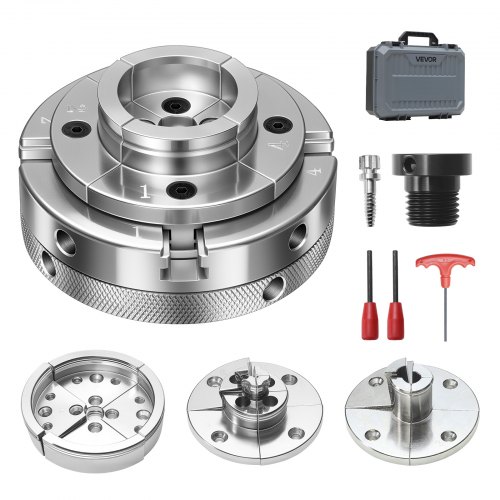 VEVOR 4-tommers chuck for tredreiebenk, 4-kjever, selvsentrerende chucksett for tredreiebenk med 1" x 8TPI gjenger og adapter, 4 stk. runde/trinn-/stiftkjever, etui, forniklet, høyhardhetsstål, for trebearbeidingsdreiebenk