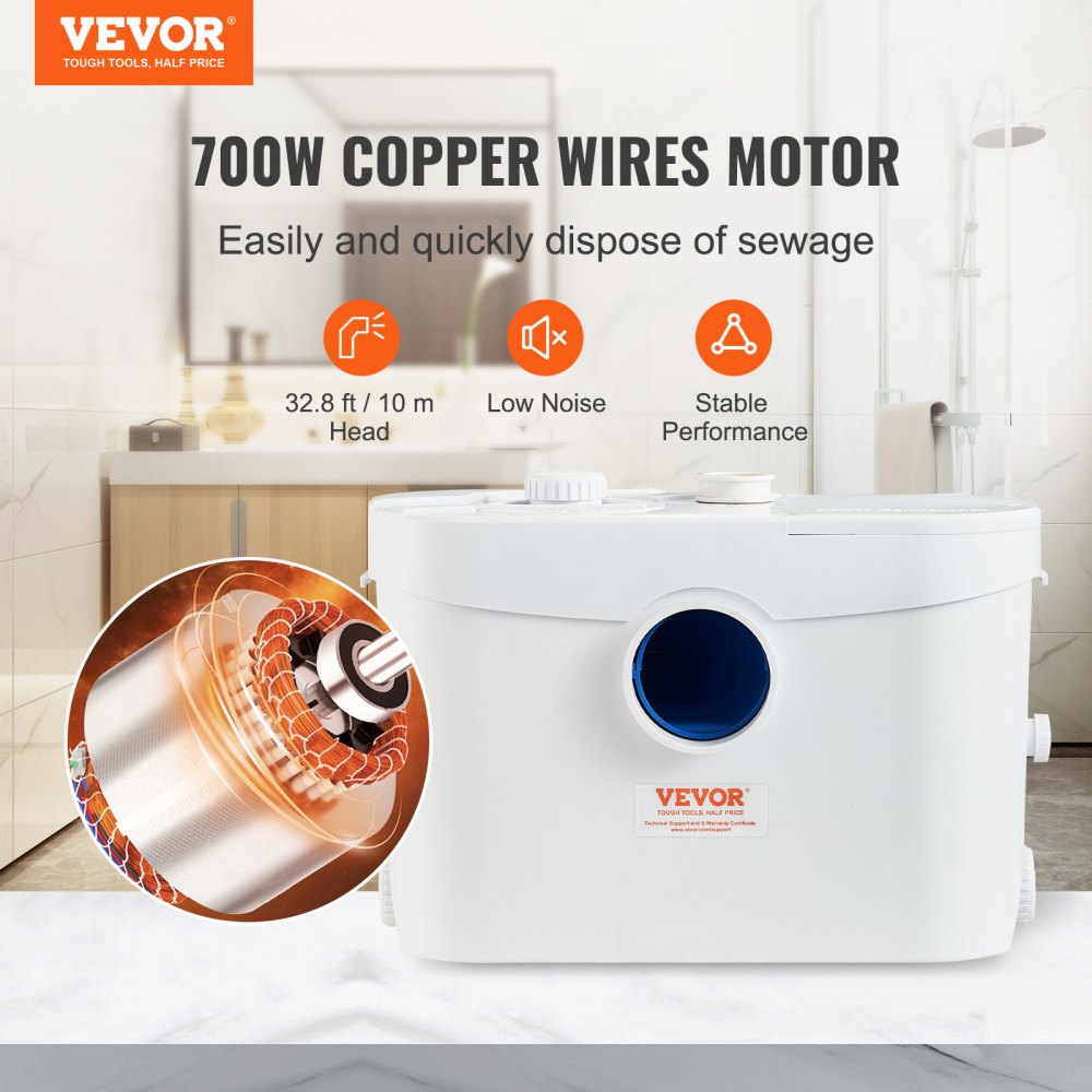 VEVOR Maceratorpumpe, 700 W, 9600 l/t strømning, 10 m trykkhøyde, macerator avløpssumppumpe med 3 vanninntak for toalett, kjeller, kjøkken, vask, dusj, badekar, avløpsvannshåndtering, oppspylingsmaskin