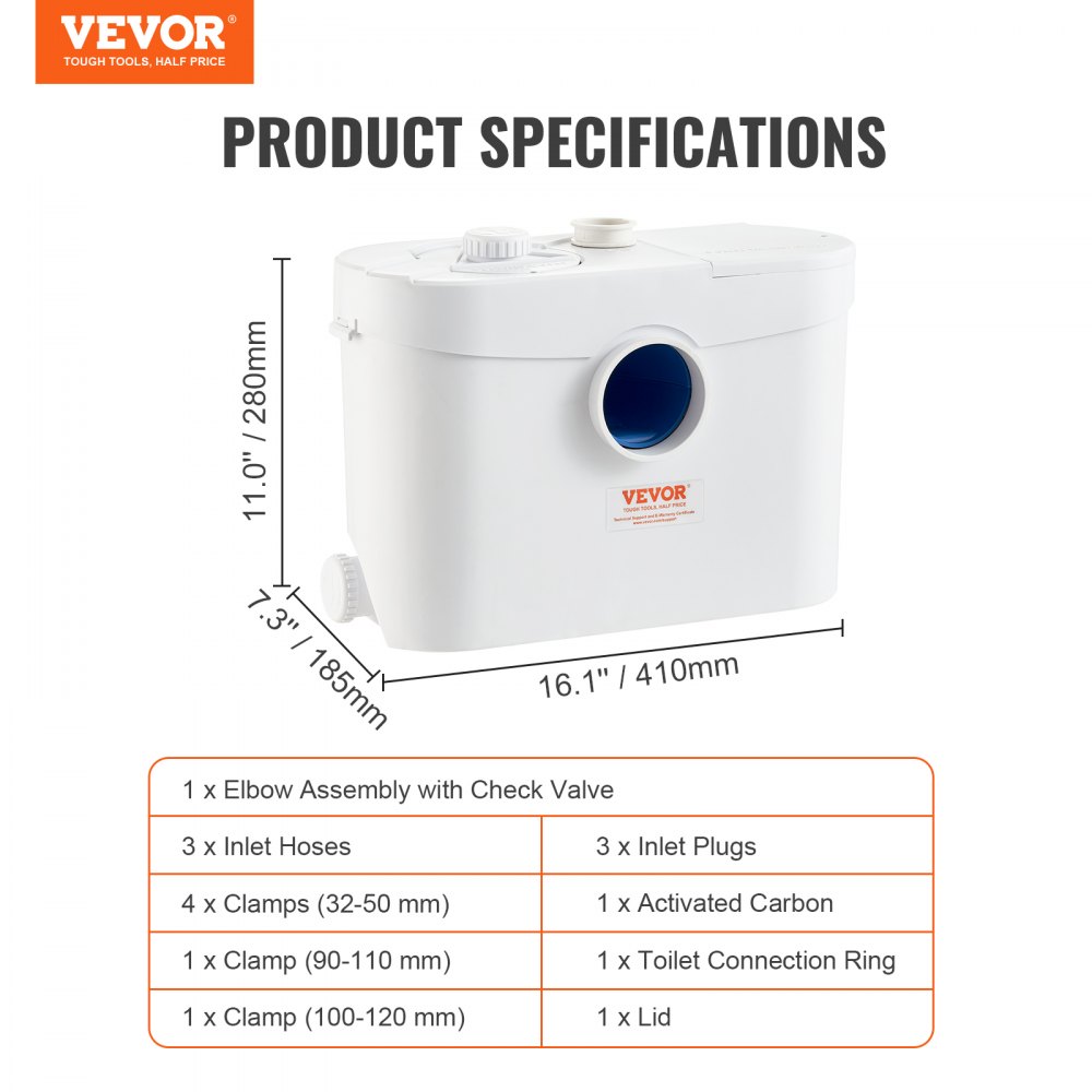 VEVOR Maceratorpumpe, 700 W, 9600 l/t strømning, 10 m trykkhøyde, macerator avløpssumppumpe med 3 vanninntak for toalett, kjeller, kjøkken, vask, dusj, badekar, avløpsvannshåndtering, oppspylingsmaskin