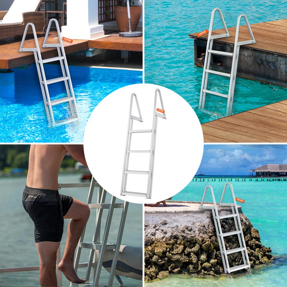 VEVOR Dokkstige, avtakbar 4 trinn, 145 kg lastekapasitet, pontongbåtstige i aluminiumslegering med 10 cm bredt trinn og sklisikker pedal, enkel å installere for ombordstigning på skip/innsjø/basseng/marinebåter