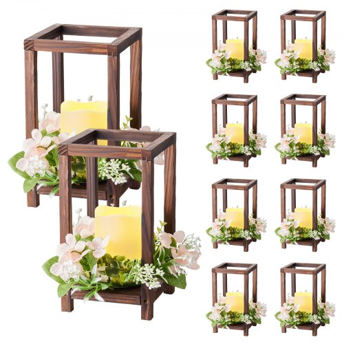 VEVOR 10 sett/30 stk. trelykt midtpunkt til bryllup, inkluderer 10 trelyktlysholdere, 10 flammeløse LED-lys og 10 champagneblomsterkranser til bryllupsbordfest, gårdshusdekor, brun