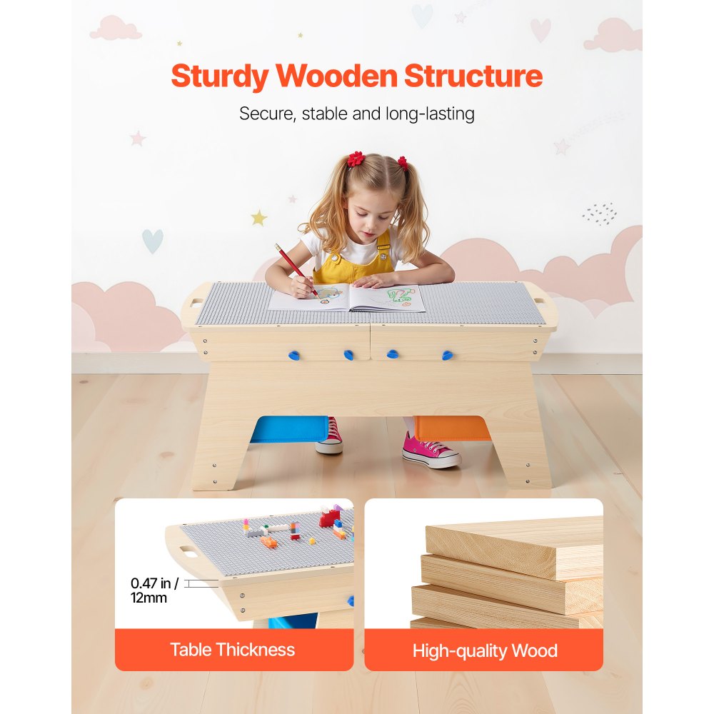 VEVOR Kids Vendbart Aktivitetsbord i Tre, Multifunksjonelt Aktivitetslekebord med 200 Byggeklosser og 3 Oppbevaringsbokser for Barn fra 3 år, Stor Oppbevaringsplass, Gave til Gutter og Jenter, Naturfarget