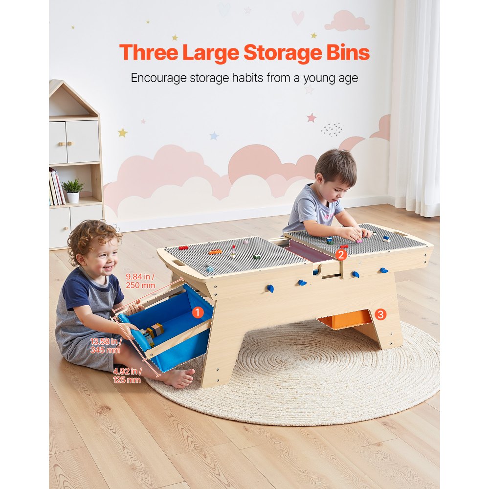 VEVOR Kids Vendbart Aktivitetsbord i Tre, Multifunksjonelt Aktivitetslekebord med 200 Byggeklosser og 3 Oppbevaringsbokser for Barn fra 3 år, Stor Oppbevaringsplass, Gave til Gutter og Jenter, Naturfarget
