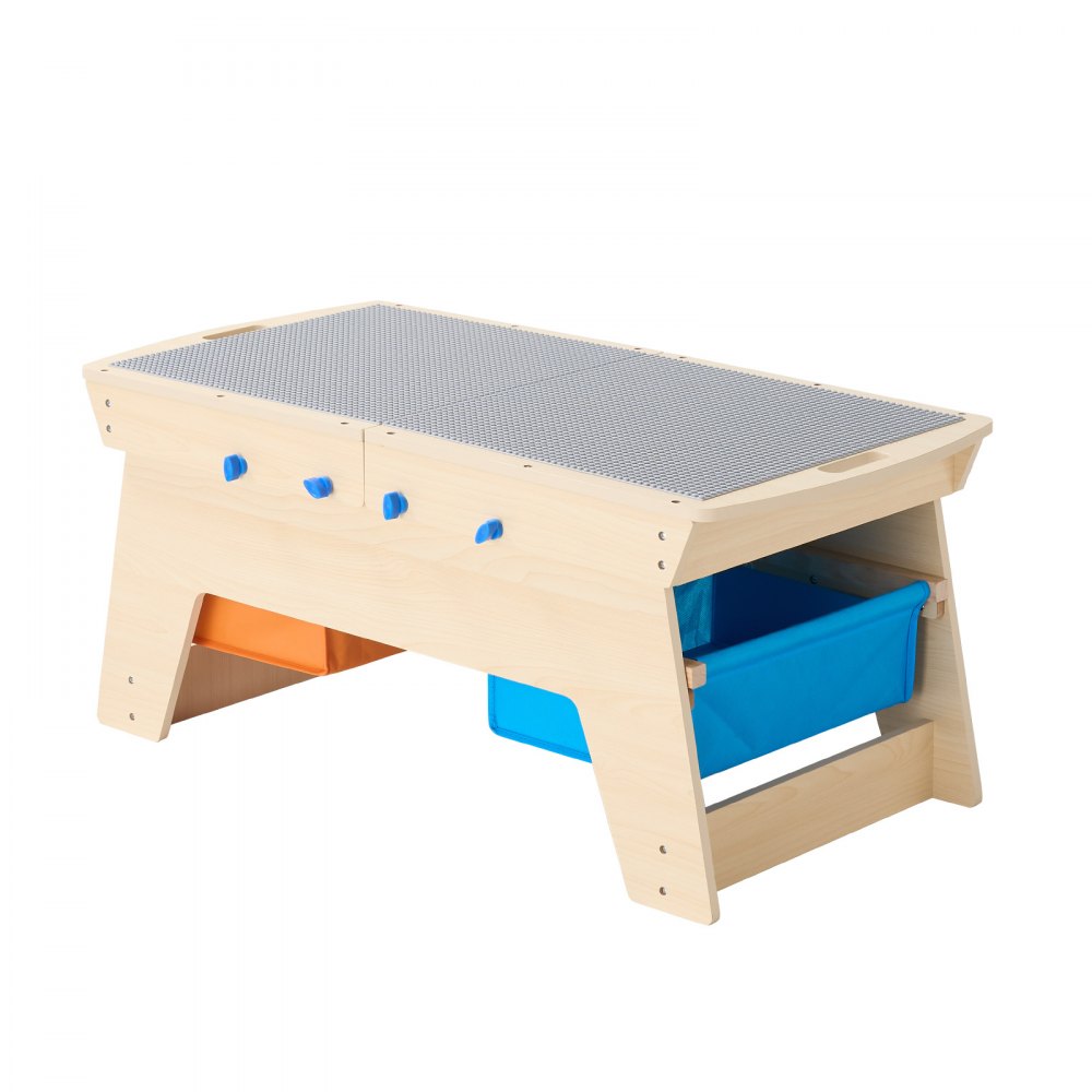 VEVOR Kids Vendbart Aktivitetsbord i Tre, Multifunksjonelt Aktivitetslekebord med 200 Byggeklosser og 3 Oppbevaringsbokser for Barn fra 3 år, Stor Oppbevaringsplass, Gave til Gutter og Jenter, Naturfarget