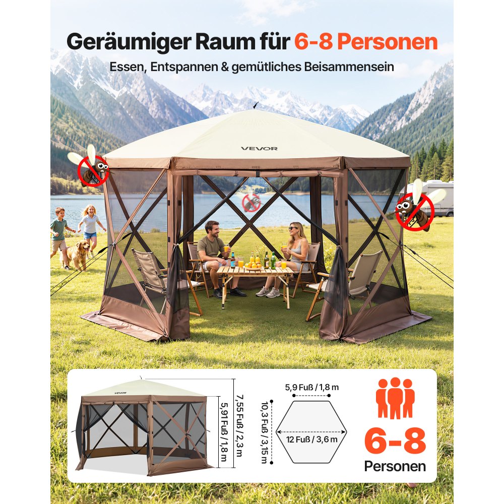 VEVOR Gazebo Screen Tent, 12 x 12 ft, 6 Sided Pop-up Camping Canopy Shelter Tent with Mesh Windows, Portable Carry Bag, Ground Stakes, Large Shade Tents for Outdoor Camping, Lawn and Backyard