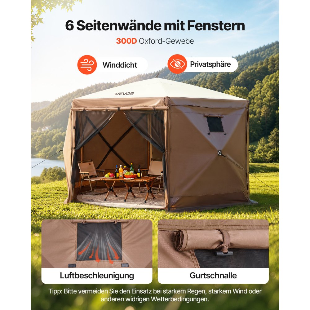 VEVOR Gazebo Screen Tent, 12 x 12 ft, 6 Sided Pop-up Camping Canopy Shelter Tent with Mesh Windows, Portable Carry Bag, Ground Stakes, Large Shade Tents for Outdoor Camping, Lawn and Backyard