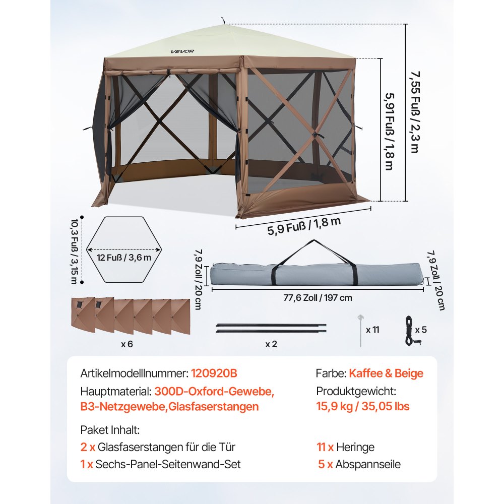 VEVOR Gazebo Screen Tent, 12 x 12 ft, 6 Sided Pop-up Camping Canopy Shelter Tent with Mesh Windows, Portable Carry Bag, Ground Stakes, Large Shade Tents for Outdoor Camping, Lawn and Backyard