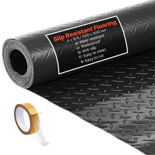 VEVOR garasjegulvrull, 1,2 x 3,05 m garasjegulvmatte, 2,2 mm fortykket PVC-diamantplate gulvbeskyttelsesmatte med dobbeltsidig tape, sklisikker, enkel å rengjøre for lager, treningssentre, tilhenger, svart