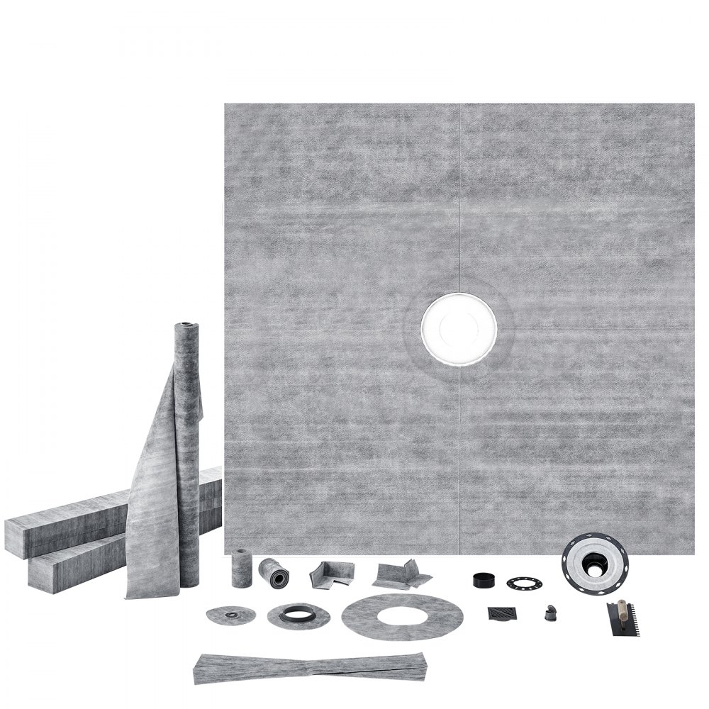 VEVOR Shower Curb Kit, 1828x1828mm Shower Pan Kit with 50.8mm PVC Central Flange, 101.6mm Stainless Steel Grate, Waterproof Shower Curb & Membrane & Strip, Shower Pan Slope Sticks Fit for Bathroom
