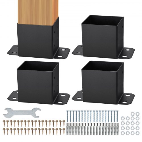VEVOR 152,4x152,4 stolpebase 4 stk., innvendig størrelse 142x142 stolpebasebraketter, kraftig pulverlakkert stolpeanker matt svart trestolpebraketter for paviljongterrasse rekkverk støtte terrassebunnplate