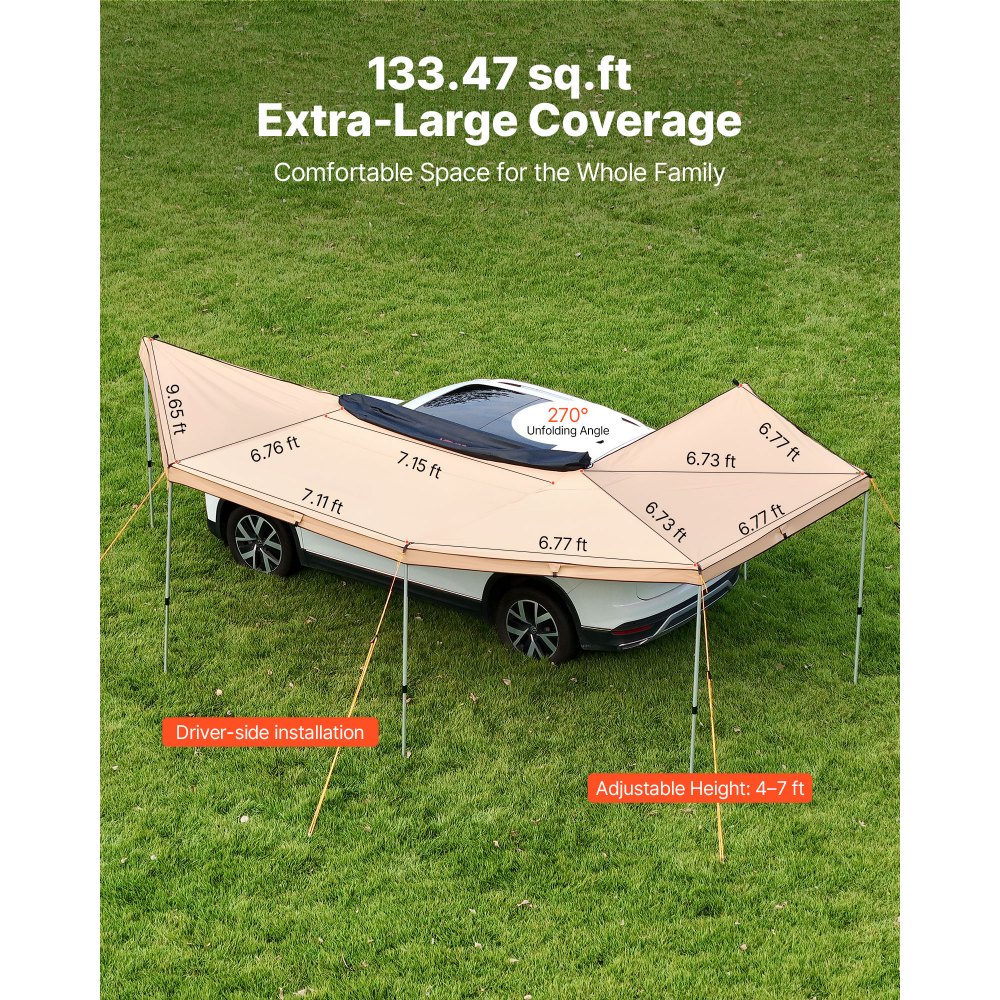 VEVOR 270 Degree Awning with Bulit-in LED Lights, 12.4 ㎡ Driver Side Vehicle Awning, Waterproof UV50+ Car Side Awnings, All-Weather Free-Standing Overland Awnings Car Shelter for SUV Truck Camping