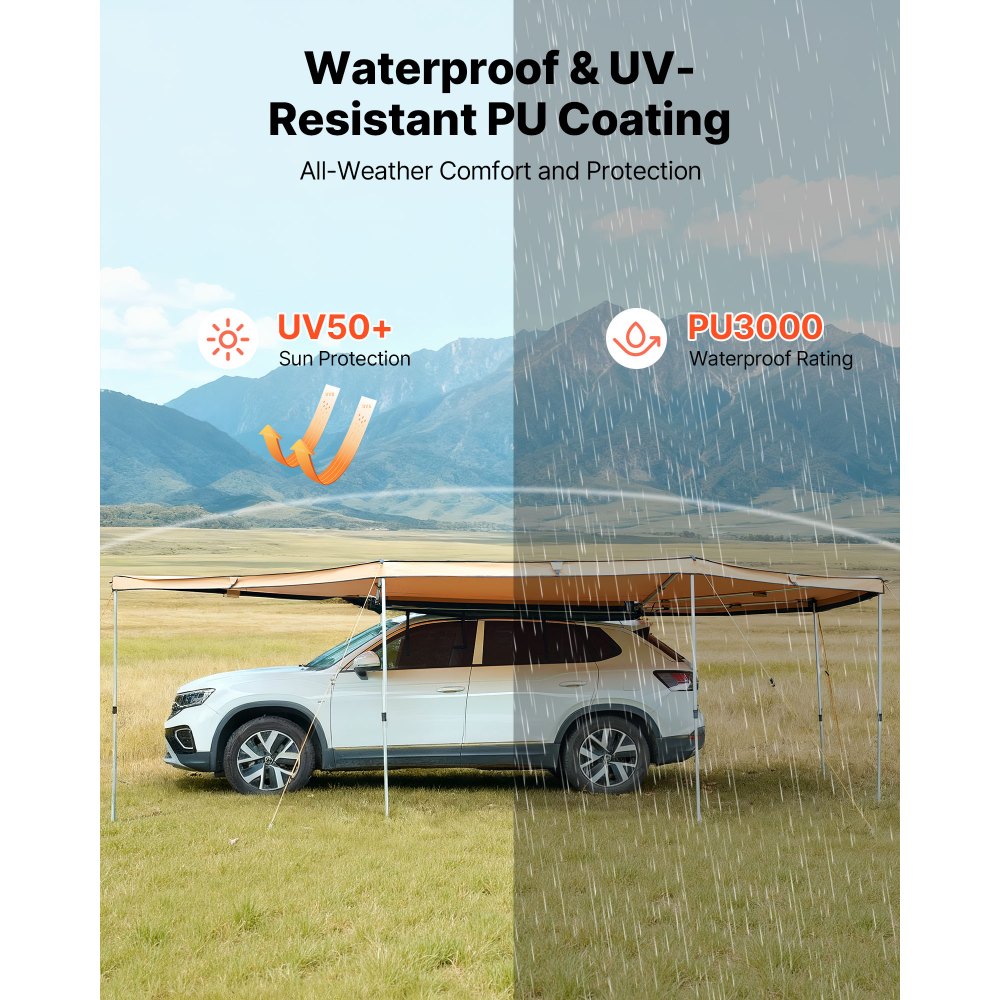 VEVOR 270 Degree Awning with Bulit-in LED Lights, 12.4 ㎡ Driver Side Vehicle Awning, Waterproof UV50+ Car Side Awnings, All-Weather Free-Standing Overland Awnings Car Shelter for SUV Truck Camping