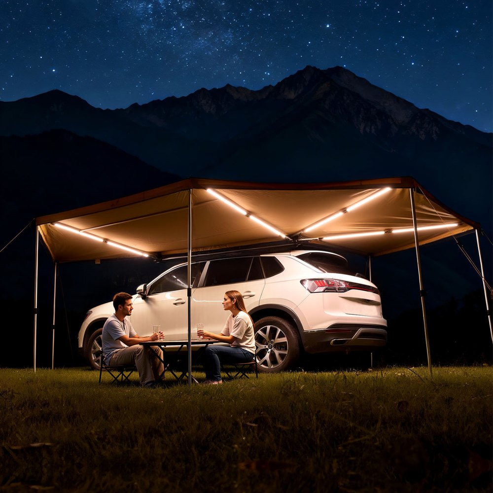 VEVOR 270 Degree Awning with Bulit-in LED Lights, 12.4 ㎡ Driver Side Vehicle Awning, Waterproof UV50+ Car Side Awnings, All-Weather Free-Standing Overland Awnings Car Shelter for SUV Truck Camping