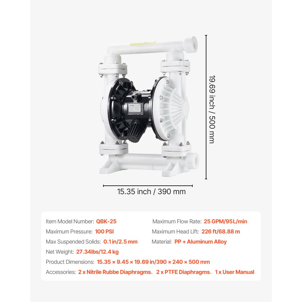 VEVOR luftdrevet dobbeltmembranpumpe, 95 l/min maks., standard innløps- og utløpsluft pneumatisk spilloljeoverføringspumpe, polypropylenhus, doble membraner, for diesel, fett, parafin, bensin
