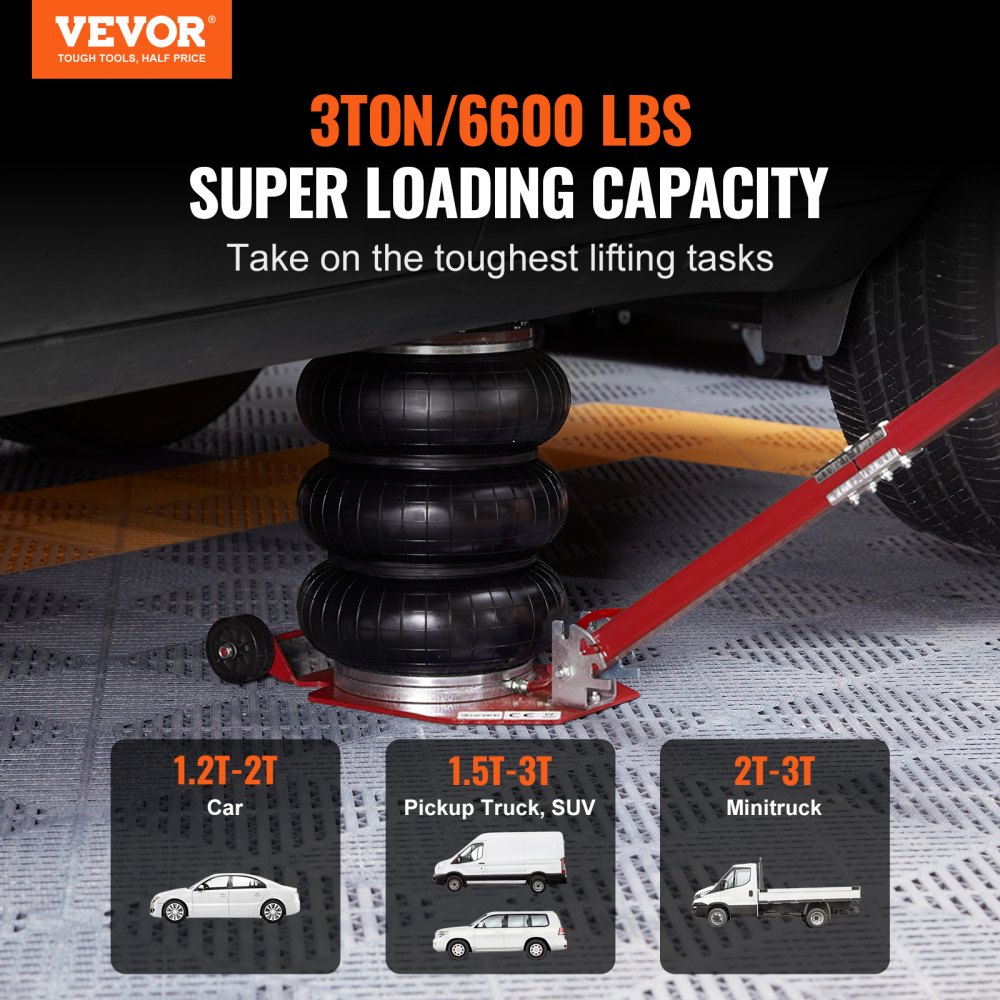 VEVOR Air Jack, 3 Ton/6600 lbs Triple Bag Air Jack, Airbag Jack med seks stålrør, løft opptil 17,7", 3-5 s hurtigløftende pneumatisk jekk, med justerbart langt håndtak for biler, garasjer, reparasjoner (rød)