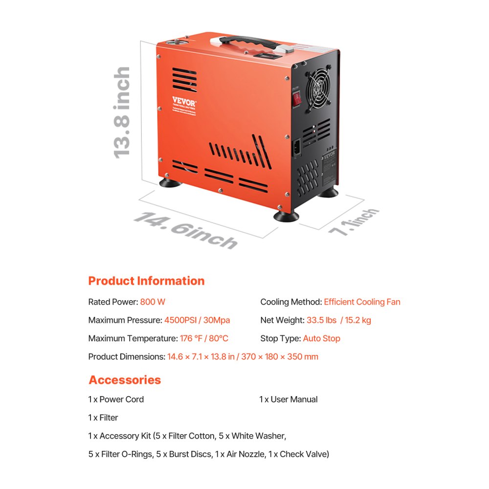 VEVOR PCP Air Compressor, 800W Dual-Cylinder PCP Airgun Compressor 4500PSI/30Mpa with Built-in Fan Cooling System, Auto-Stop | Oil Free Paintball Tank Compressor for Air Rifle, Scuba Diving Bottle