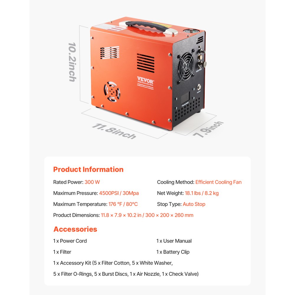 VEVOR PCP luftkompressor, 4500PSI/30Mpa PCP luftgeværkompressor med innebygd omformer og viftekjølesystem, automatisk stopp DC12V/AC230V bærbar paintballtankkompressor for luftgevær, dykkerflaske