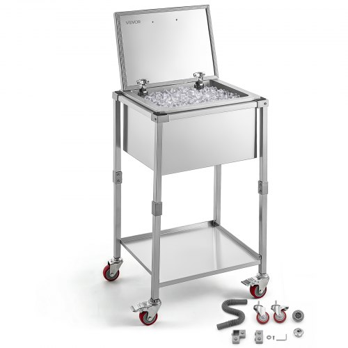 VEVOR rullende isboks kjølevogn i rustfritt stål 54,6 l, utendørs stående kjølevogn med hjul, vippelokk og hylle, for terrasse, bakgård, fest, bar, kalde drikker, 558 x 455 x 1003 mm