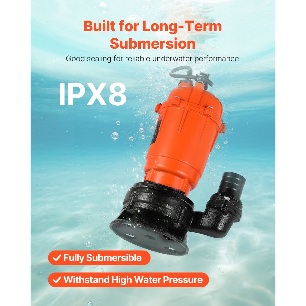 VEVOR 550W Submersible Trash Pump, 18000 L/H, Cast Iron Submersible Sump Sewage Pump with 2 in Discharge, 10M Max Lift, Draining Dirty Clean Water, for Pools, Garden, Pond, Basement, Flooded Areas