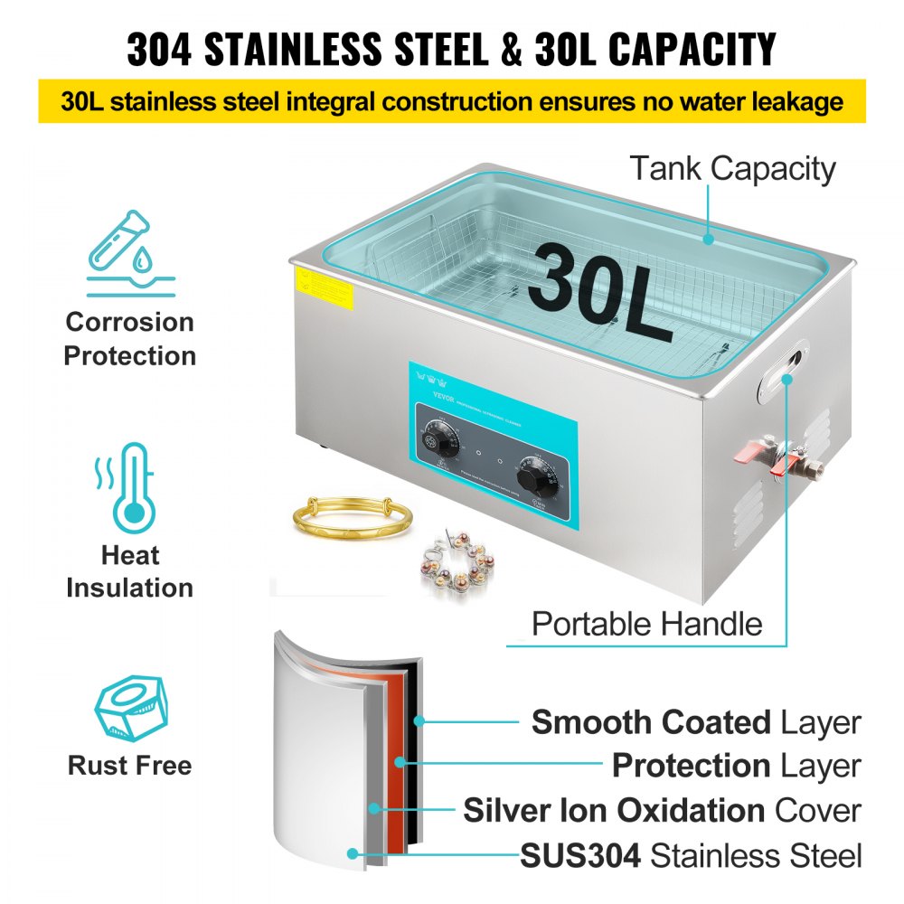 VEVOR Ultralydrenser 30L Ultralydrensemaskin Smykkeglass