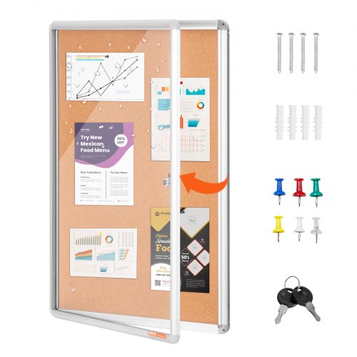 VEVOR 36"x24" lukket korktavle med aluminiumsramme – Låsbar oppslagstavle med akryldør og 2 nøkler – Værbestandig veggmonter for skole, hjem, kontor
