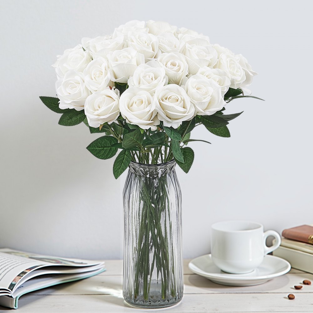 VEVOR kunstige blomster, 120 stk. ekte hvite skum falske roser i bulk, hvite imiterte utdrikningslag med stilker for gjør-det-selv bryllupsbuketter, borddekorasjoner til hjemmet, festborddekorasjoner