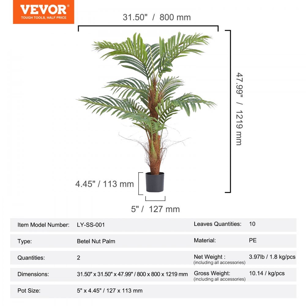 VEVOR kunstig palmetre, 1,2 meter høy kunstig plante, sikkert PE-materiale og veltebeskyttelse, lettstelt plante, naturtro grønt kunstig tre for hjemmekontor, lagerdekor innendørs utendørs
