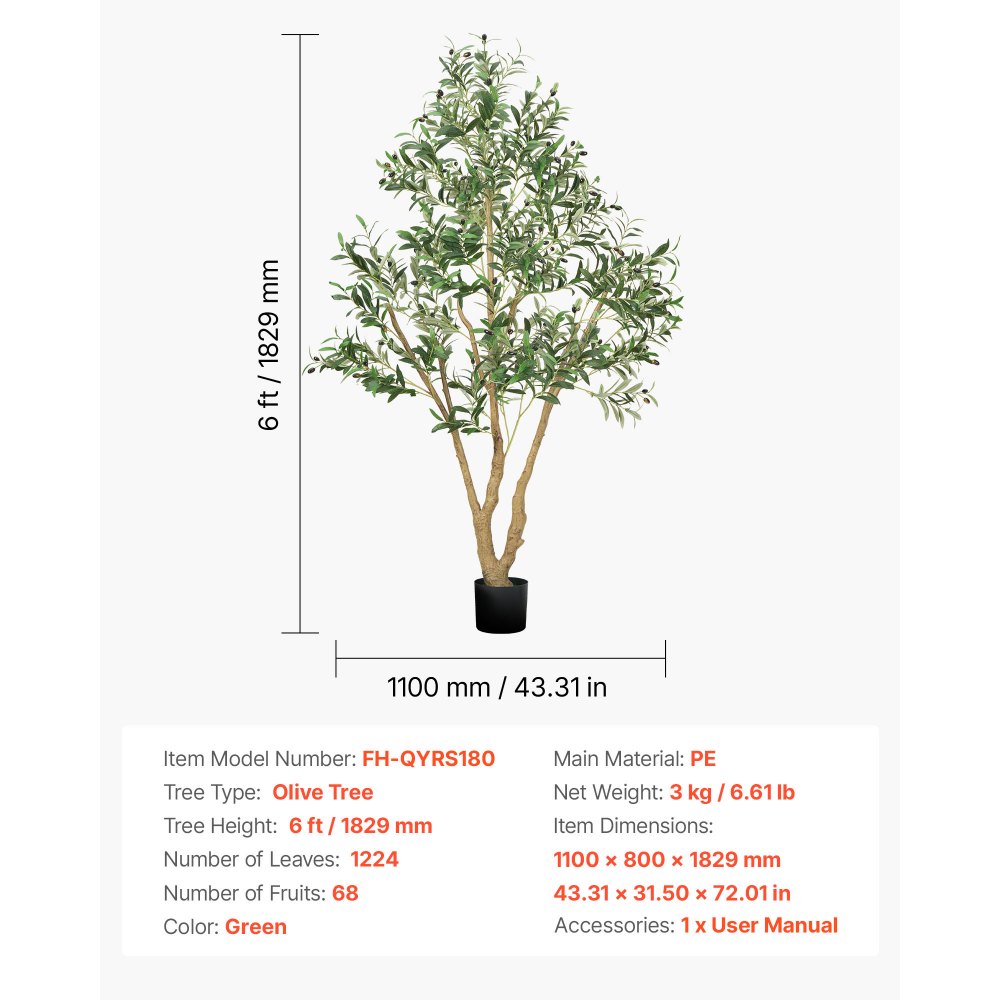 VEVOR 180 cm kunstig oliventre med svart potte, høyt kunstig tre med naturlig trestamme og realistiske grønne blader og frukter, innendørs kunstig plante for hjem, kontor, stue, hjørnedekor