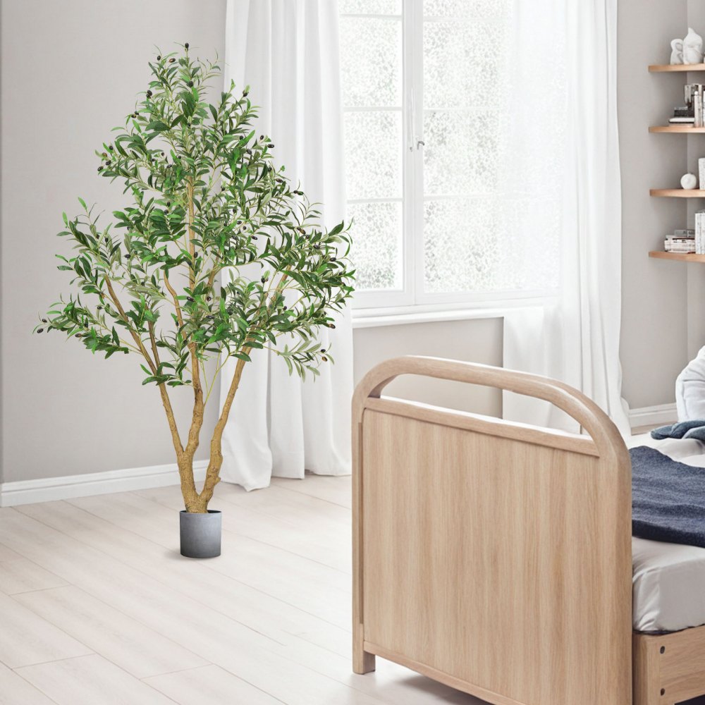 VEVOR 180 cm kunstig oliventre med svart potte, høyt kunstig tre med naturlig trestamme og realistiske grønne blader og frukter, innendørs kunstig plante for hjem, kontor, stue, hjørnedekor