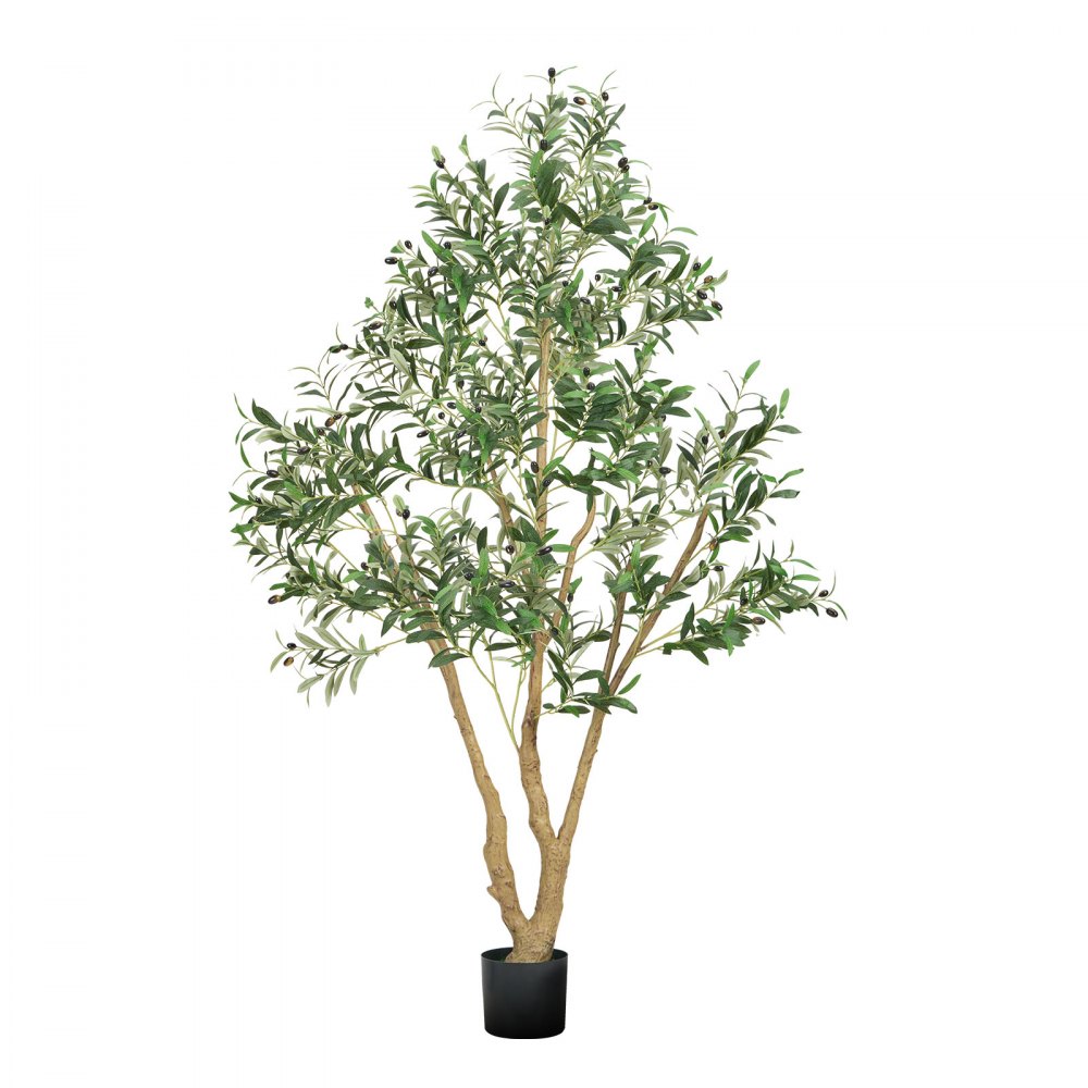 VEVOR 180 cm kunstig oliventre med svart potte, høyt kunstig tre med naturlig trestamme og realistiske grønne blader og frukter, innendørs kunstig plante for hjem, kontor, stue, hjørnedekor