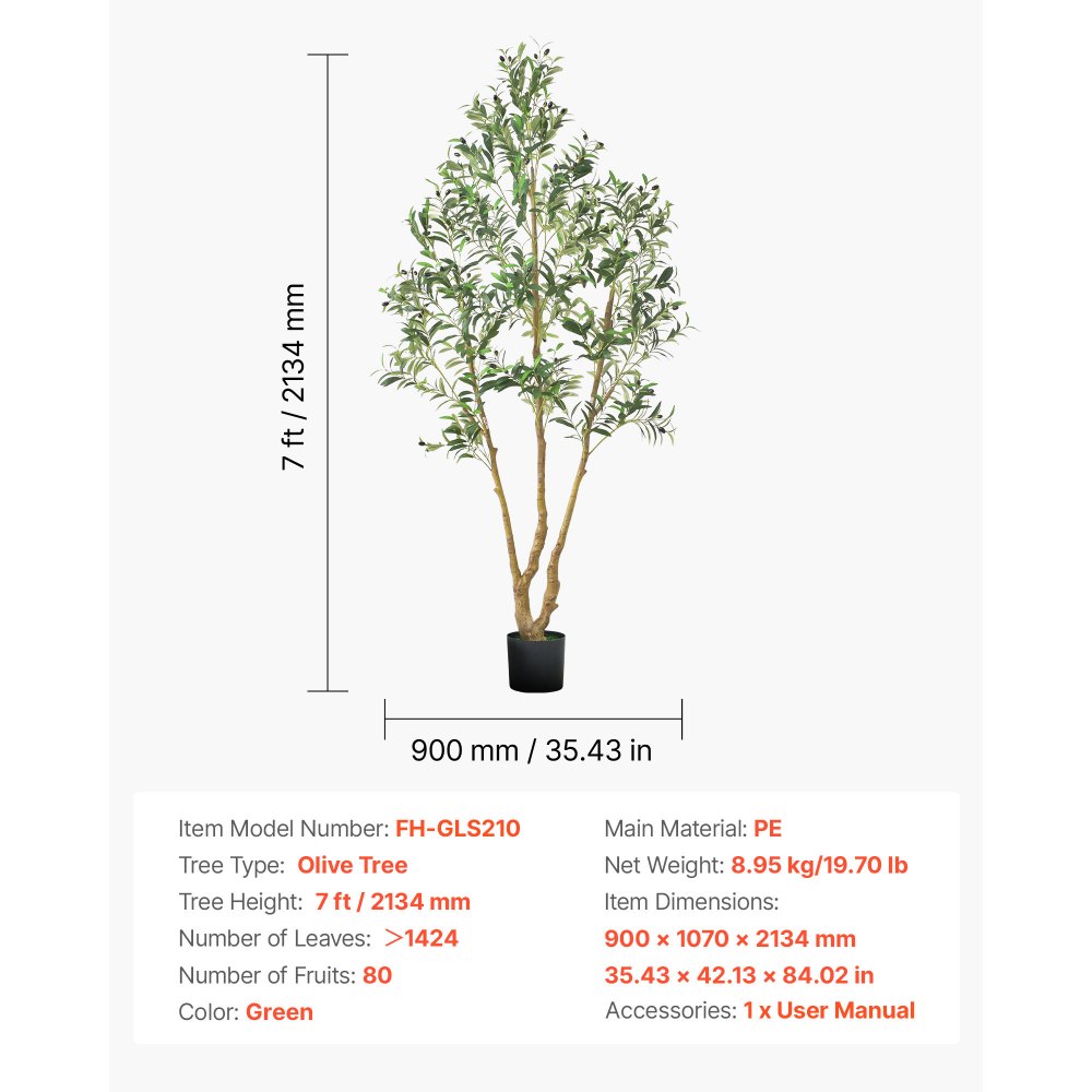 VEVOR 210 cm kunstig oliventre med svart potte, høyt kunstig tre med naturlig trestamme og realistiske grønne blader og frukter, innendørs kunstig plante for hjem, kontor, stue, hjørnedekor